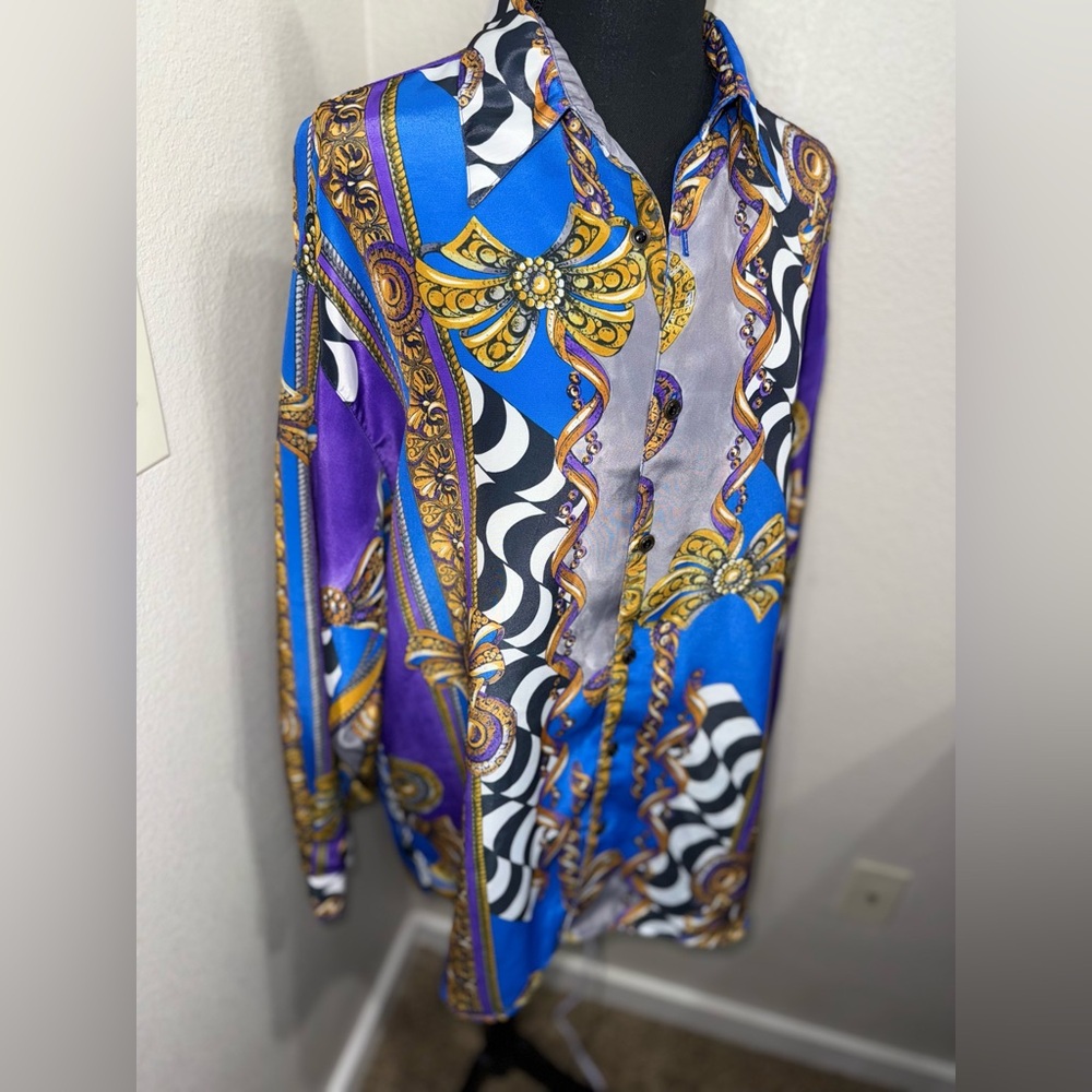 Vintage Sangi Baroque Print Shirt Blue Gold Versacecore Luxe Retro- Sz Medium - Picture 6 of 11